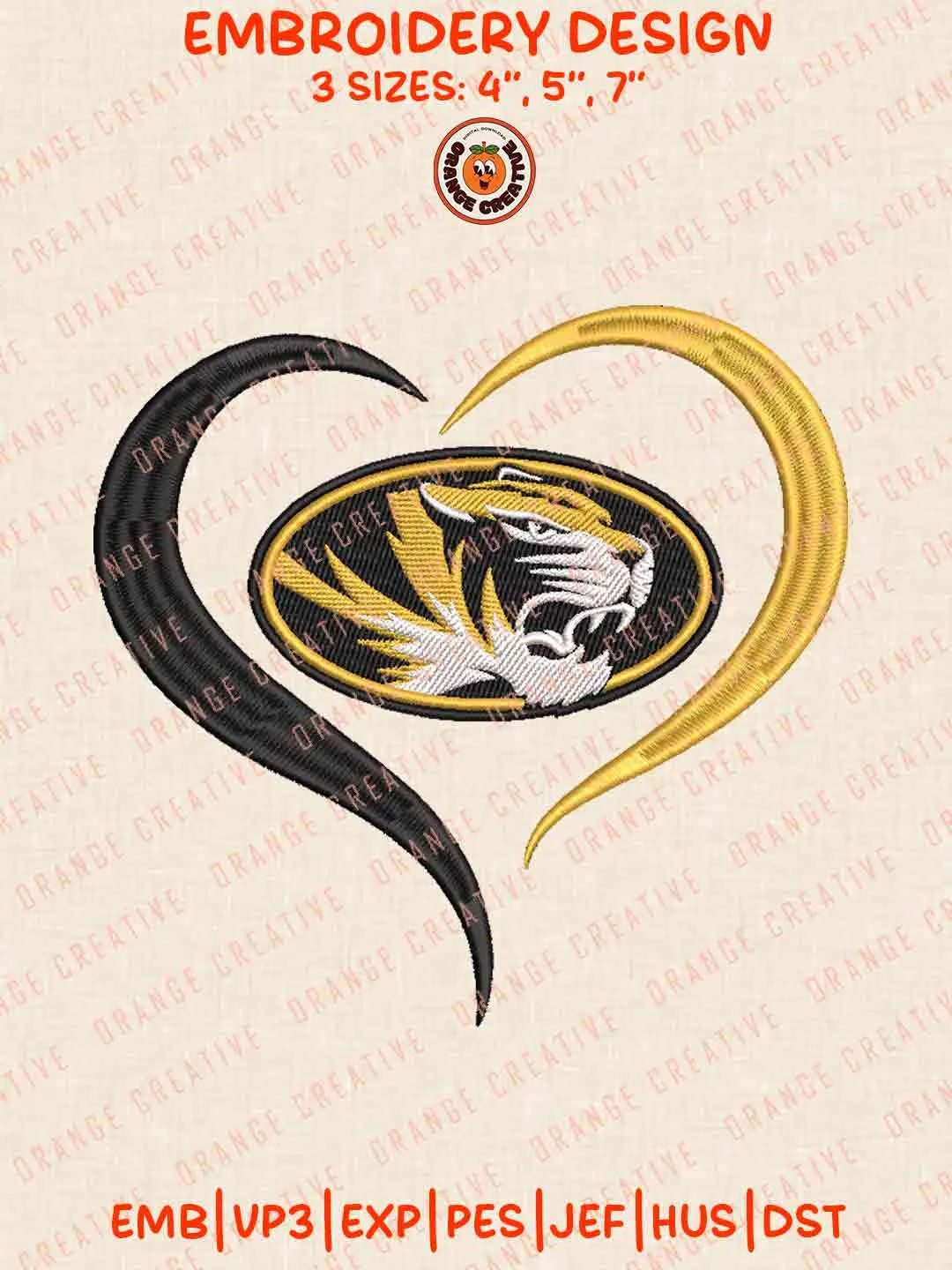 Missouri Tiger Heart Embroidery Files, Football Embroidery Designs, College Sport Machine Embroidery Files, 3 Sizes, Custom Sizes, Instant Download