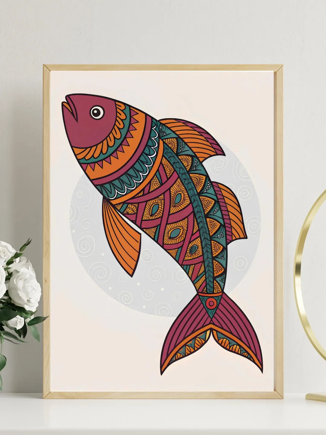 Abstract Fish Art, Colorful Boho Print, Ocean Wall Decor, Mandala-Style ...