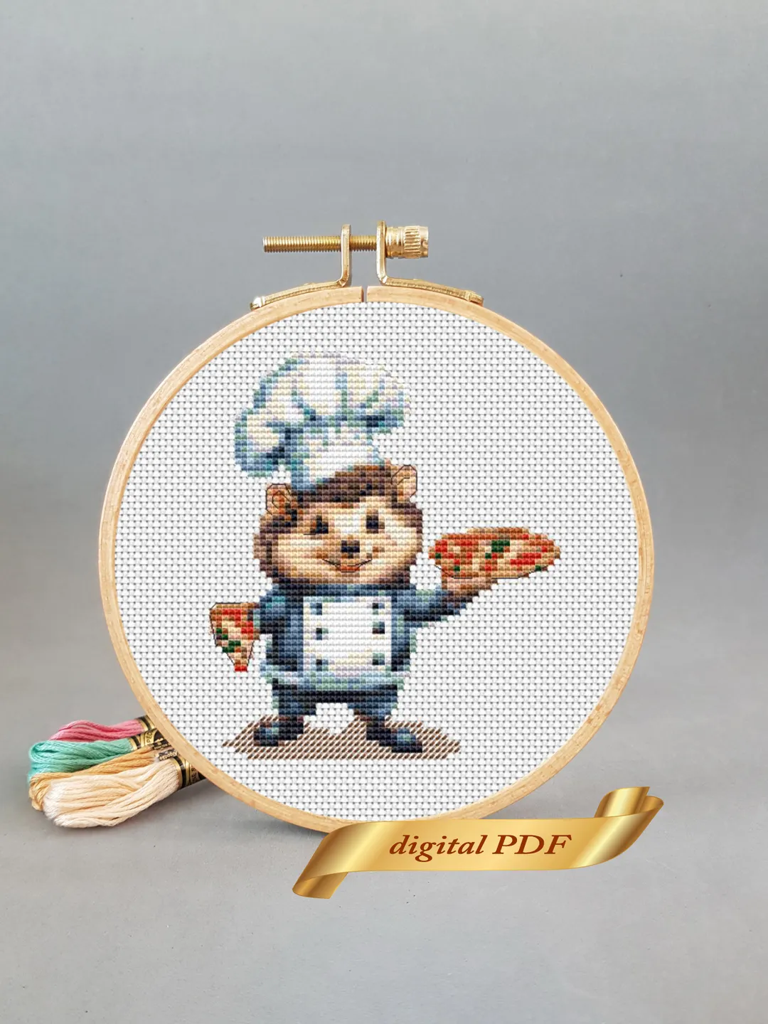 Hedgehog and pizza pattern pdf cross stitch, small design easy embroidery DIY, art 2