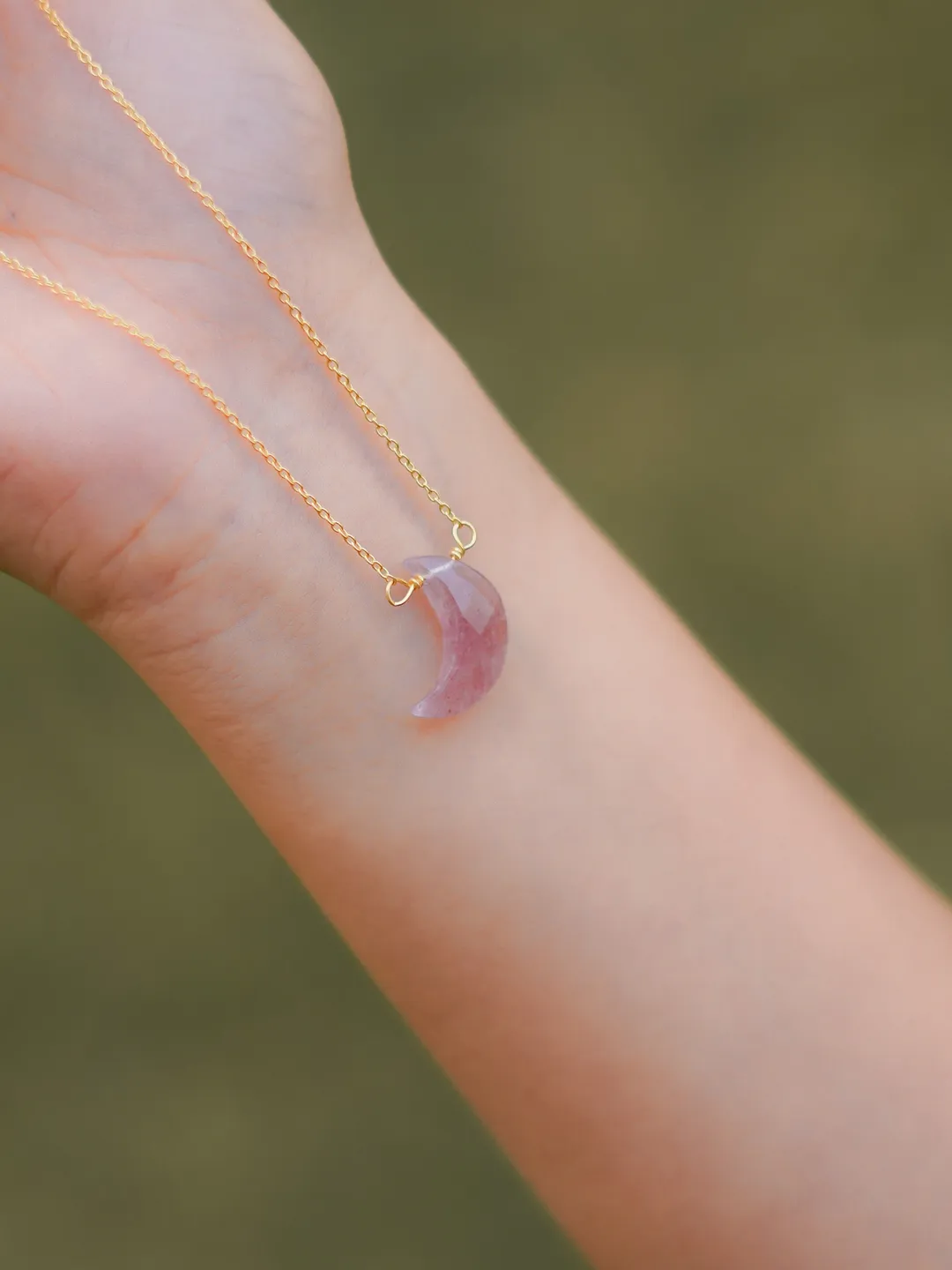 Strawberry Quartz Crescent Moon Necklace: Gold Plated 925 Silver Chain