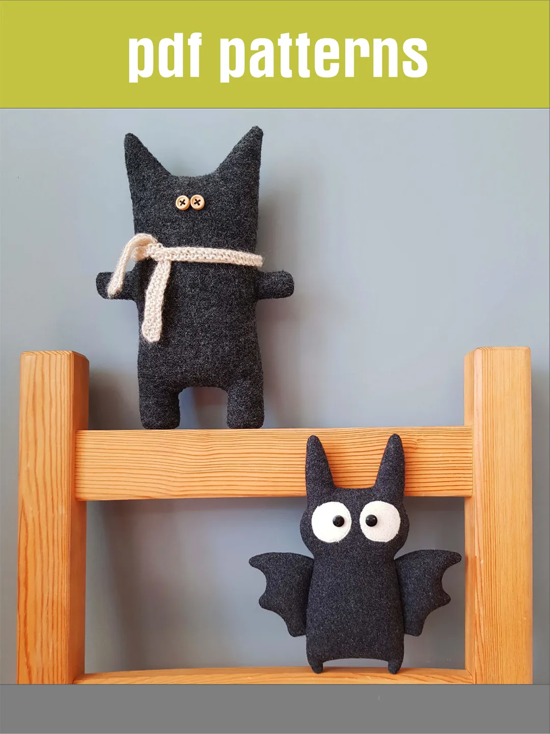 Halloween dolls sewing patterns PDF, Bat and Black Cat, digital tutorial in English, Stuffed animals Patterns, Halloween Crafts DIY