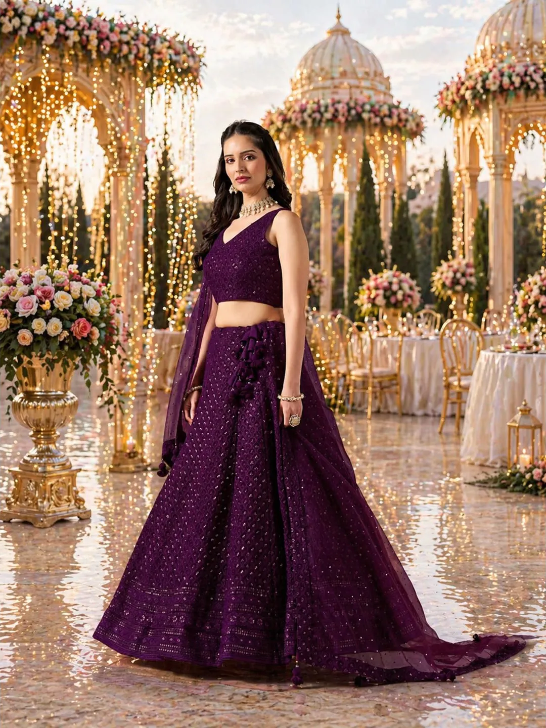 Wine Georgette Ready To Wear Lehenga Choli: Sequins Embroidery Indian Wedding Wear
