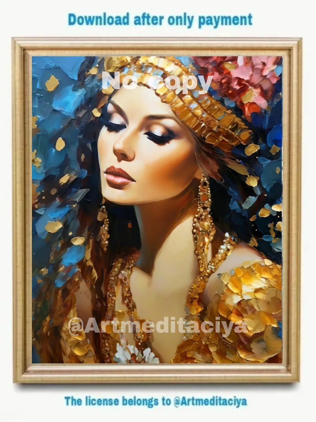 Digital abstract textural modern painting "Slavyanka in ethnic gold jewelry with a flower in her hair" on an abstract blue background with a gold pot in the style of pasty oil painting with a palette knife
