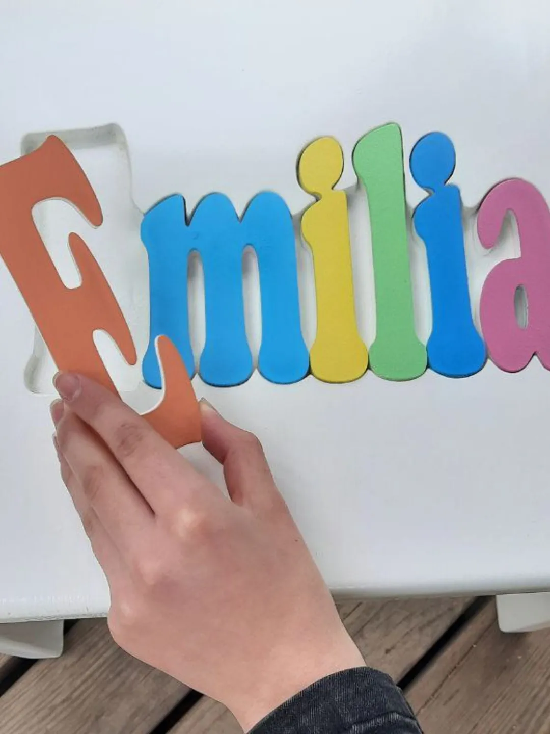 Kids puzzle name chair Wooden baby name puzzle White height adjustable chair with 3 positions for child from 1 to 7 years old Gift for kids