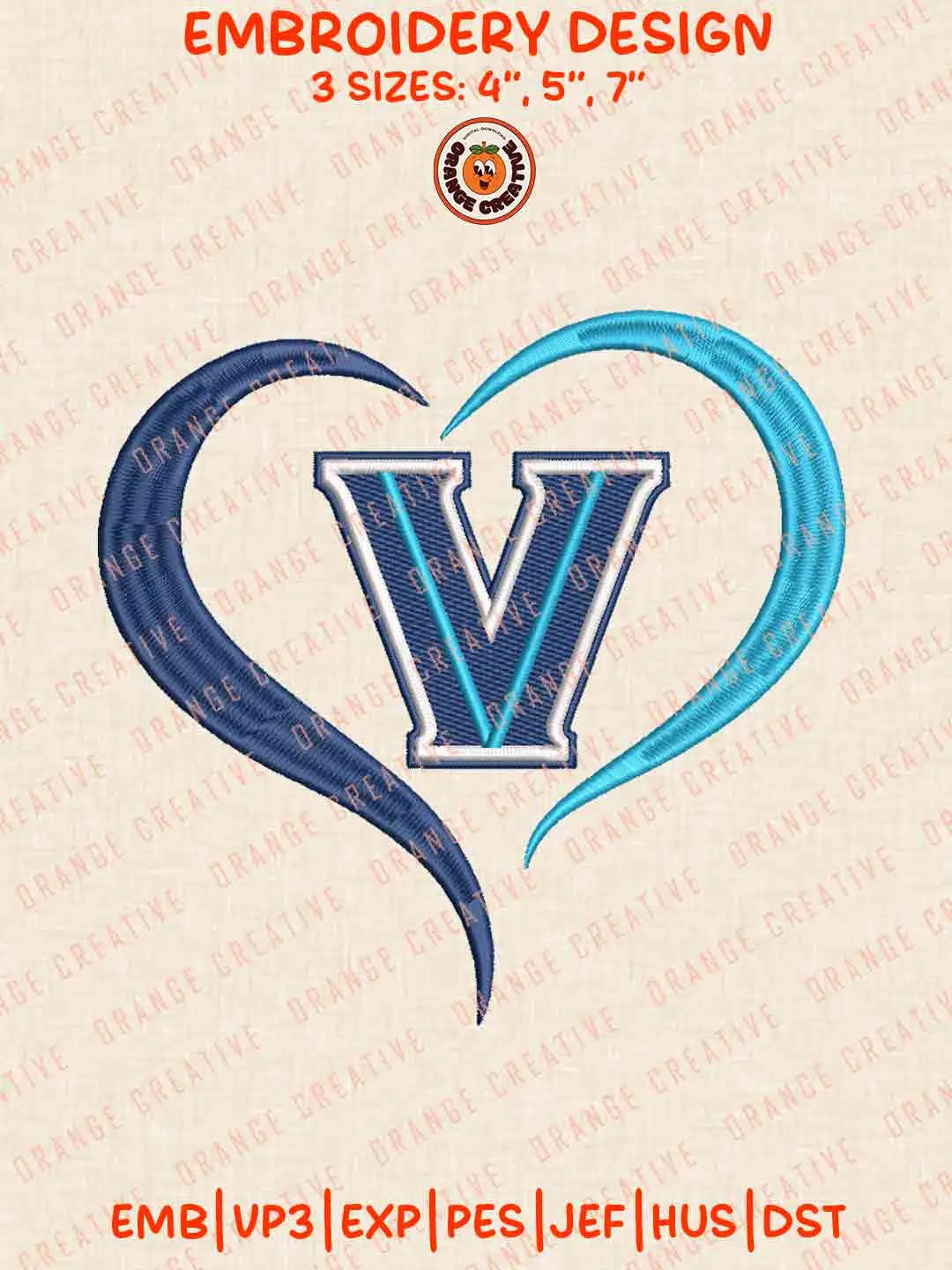 Villanova Wildcat Heart Football Embroidery Design Files, Football Logos Embroidery Designs, Sport Machine Embroidery Files, 3 Sizes, Custom Sizes, Instant Download