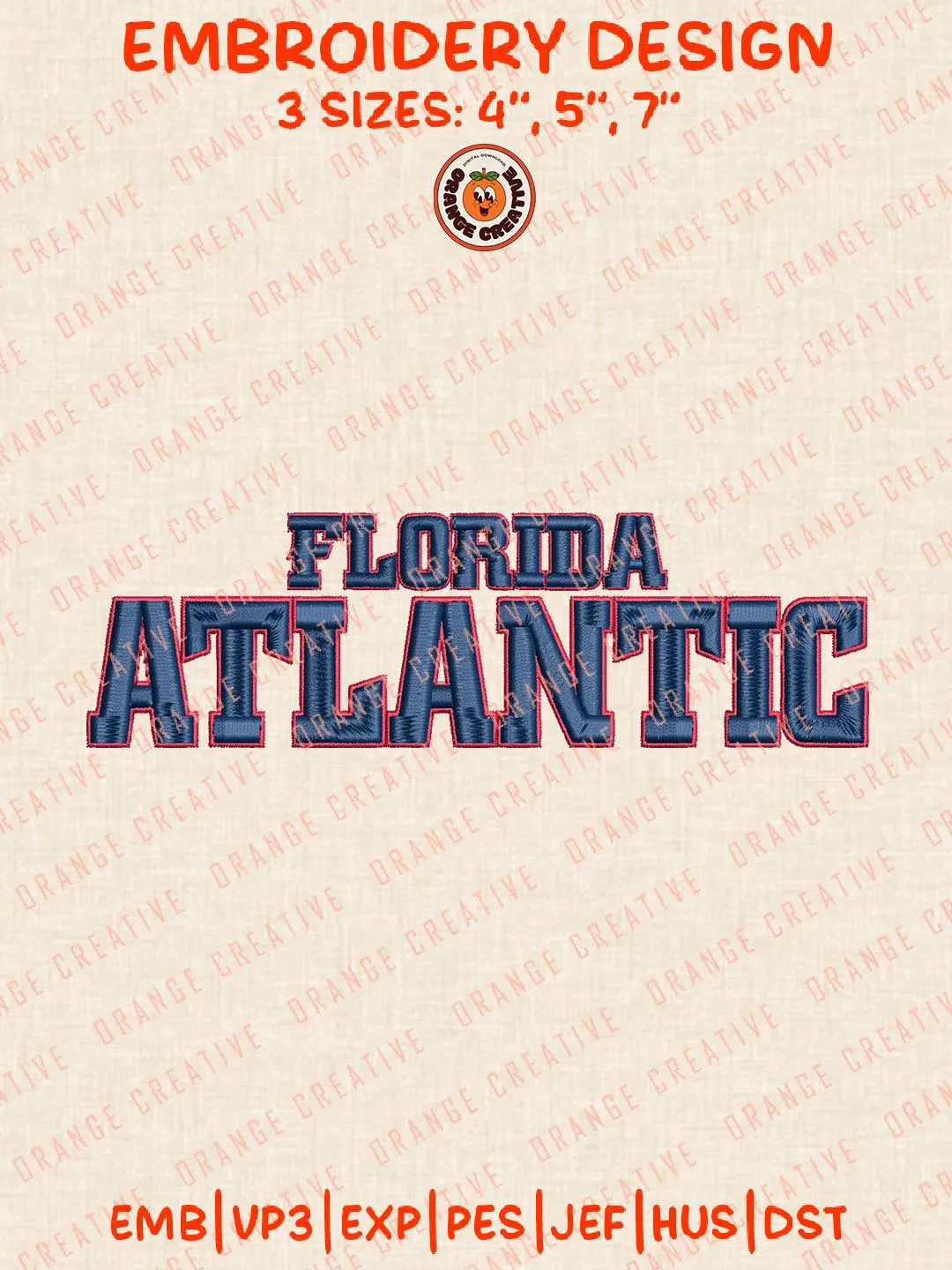 Florida Atlantic Text Embroidery Design, NCAA Florida Atlantic Owls Team Logo Embroidery Design, Machine Embroidery Design File, 4 Sizes, Custom Size, Digital Download