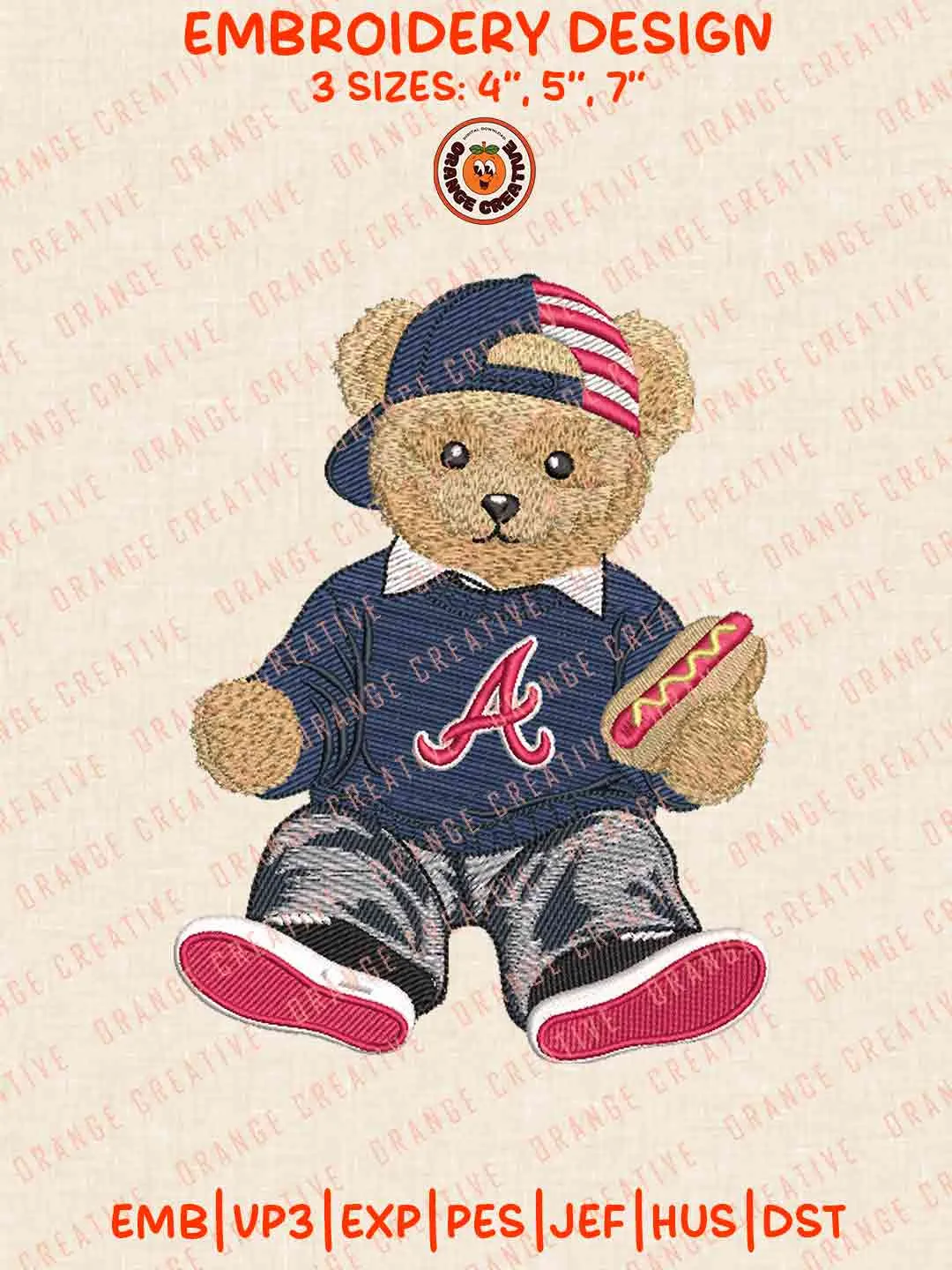 MLB Atlanta Braves Teddy Bear Hot Dog Embroidery Files, MLB Braves Embroidery Design, Machine Embroidery Design File, 4 Sizes, Custom Size, Digital Download