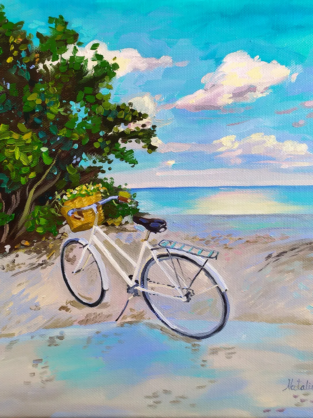 Floral painting Flower Bike Original Art Sea Artwork fine art oil painting marine painting nautical artwork coastal wall art canvas painting seaside wall art on canvas  by Natalia Plotnikova