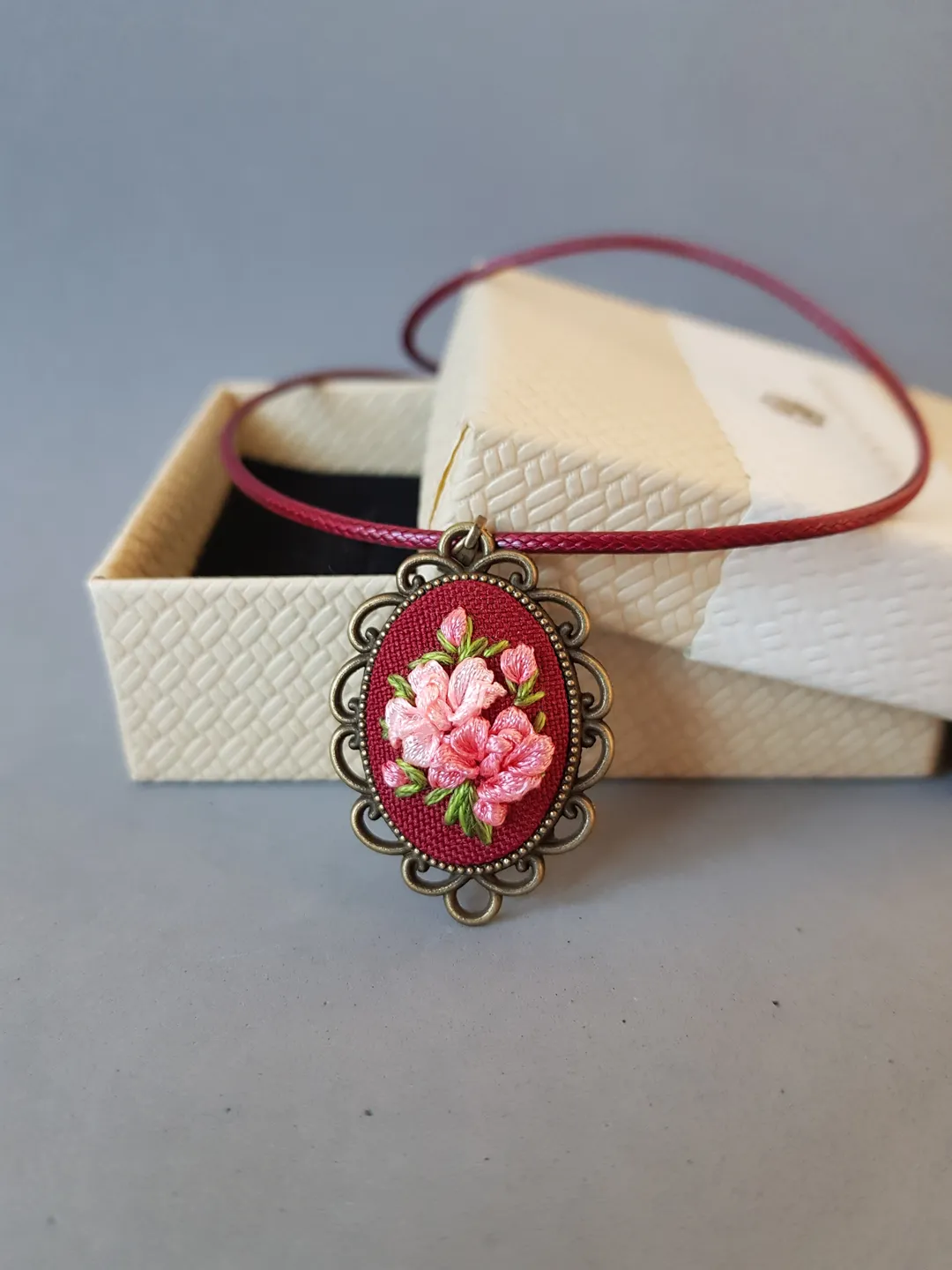 Handmade jewelry, Ribbon embroidered pendant for her