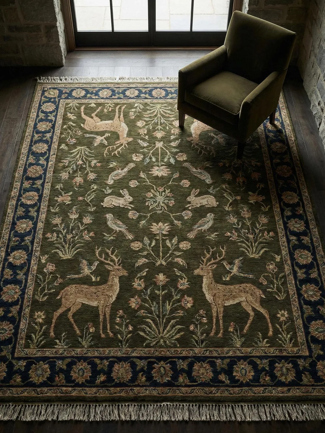 Hand Knotted Wool Persian Style Animal Rug, Green Floral Deer Area Rug ...