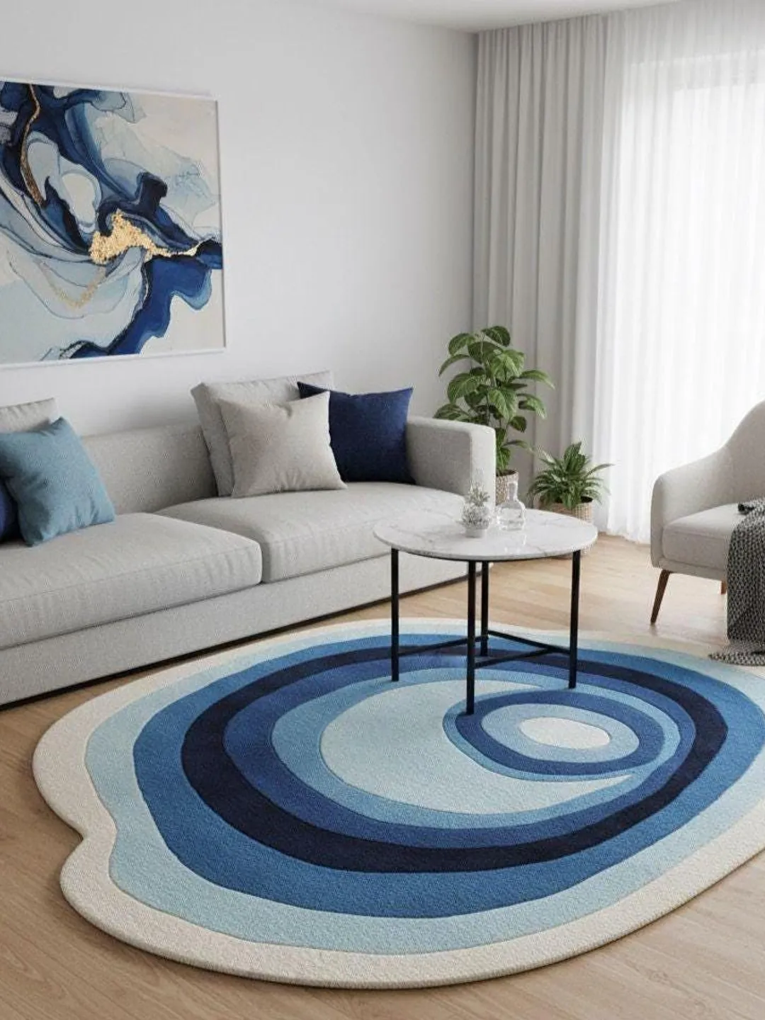 Hand Tufted Wool Rug Modern Blue Abstract Wave, Coastal Decor,living ...