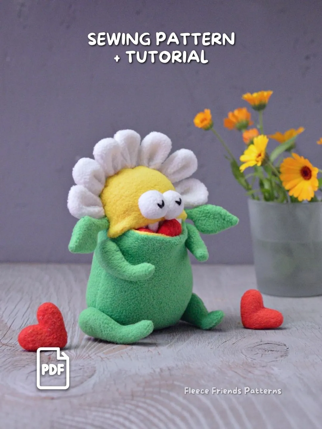 Daisy Flower Monster Plush Sewing Pattern with Secret Mouth Pocket PDF Tutorial