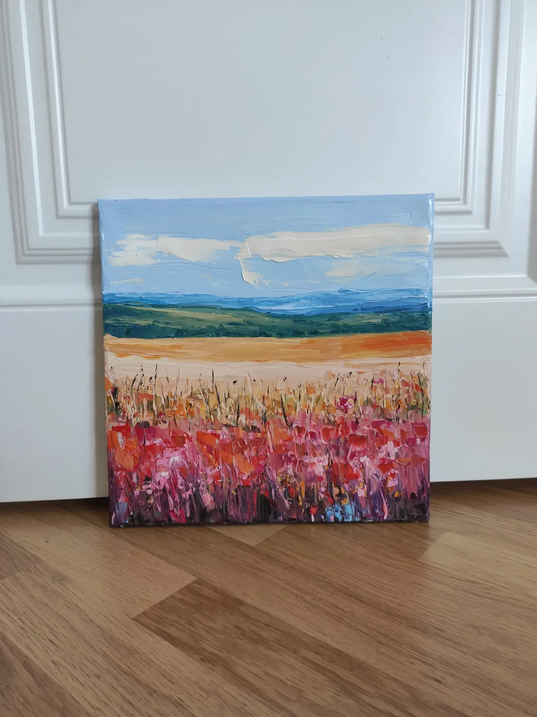 Oil painting on canvas landscape with flowers