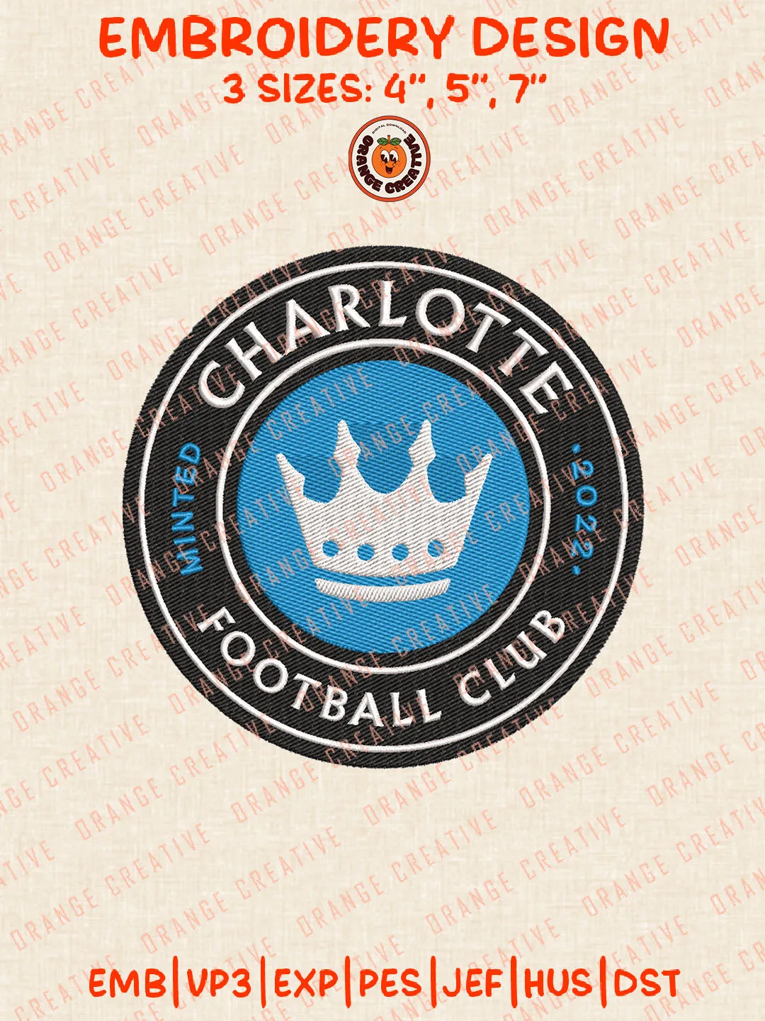 MLS Charlotte FC Round Logo Embroidery Files, Charlotte FC Embroidery Designs, League Soccer Machine Embroidery Files, MLS Charlotte FC Logo Machine Embroidery, 3 sizes, Digital Download