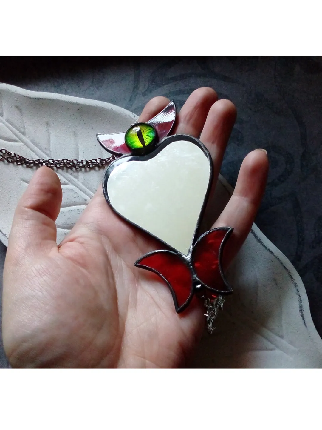 Stained glass scrying mirror necklace, Black goth ornate Bat mirror Car hanger, Witch Heart mirror
