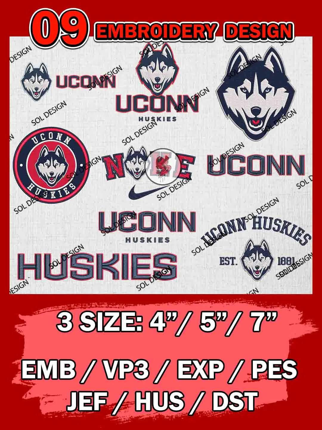 9 NCAA UConn Huskies Bundle Embroidery Files, NCAA UConn Huskies Team Bundle Embroidery Designs, NCAA Teams, National College Football Team 3 sizes, NCAA UConn Huskies Machine Embroidery, Digital Download