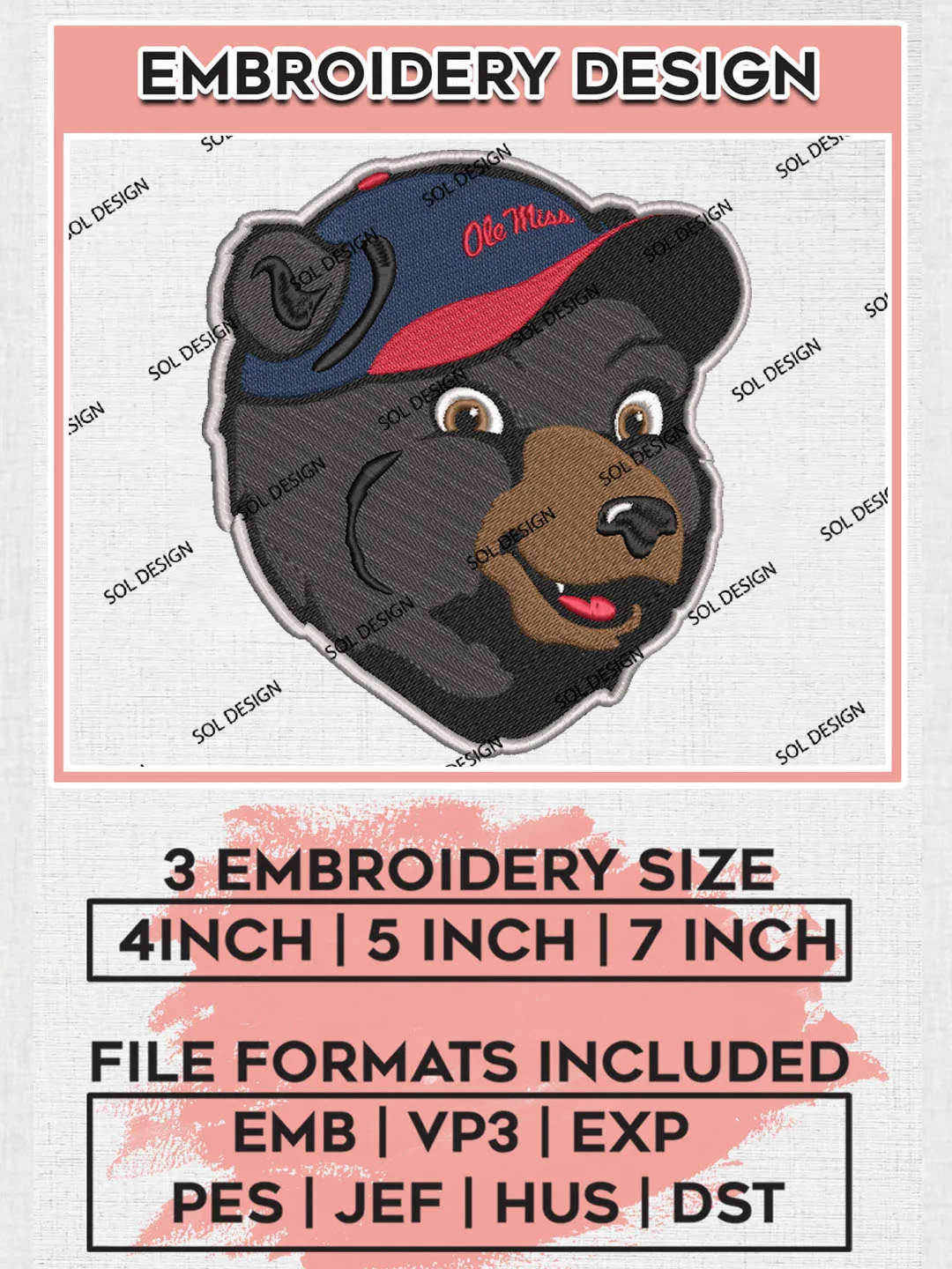 Ole Miss Rebels NCAA Team Head Mascot Logo Embroidery Design Files, NCAA Ole Miss Rebels Machine Embroidery, NCAA Teams, 3 sizes, NCAA Machine embroidery designs, Digital Download