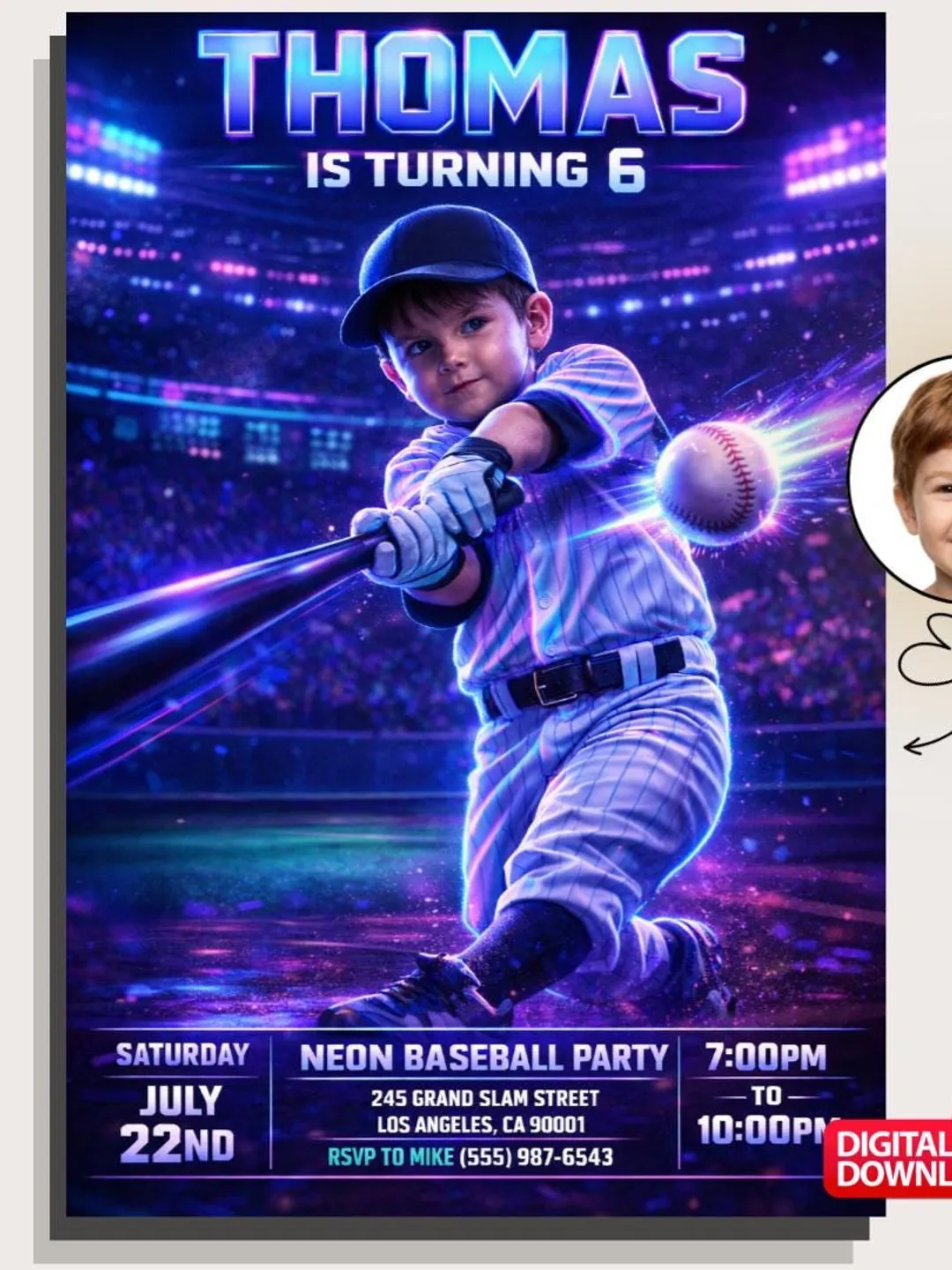 Neon Baseball Birthday Invitation, Photo Sports Party Invite (Digital Download)