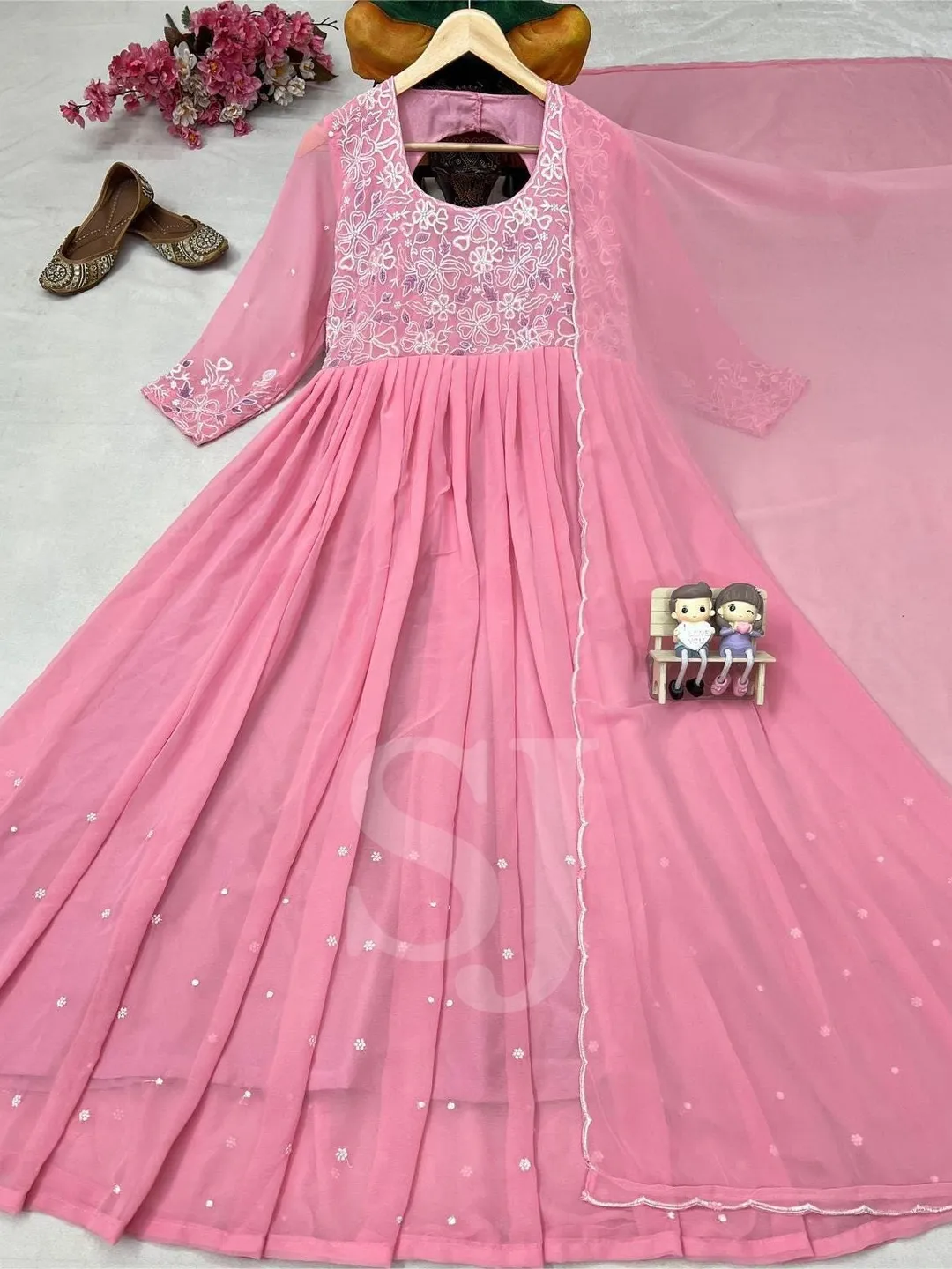 Pink Anarkali Suit Set, Women's Designer Salwar Kameez Readymade Suit Set, Anarkali Kurta With Dupatta Set, 3 Piece Combo Partywear Suit