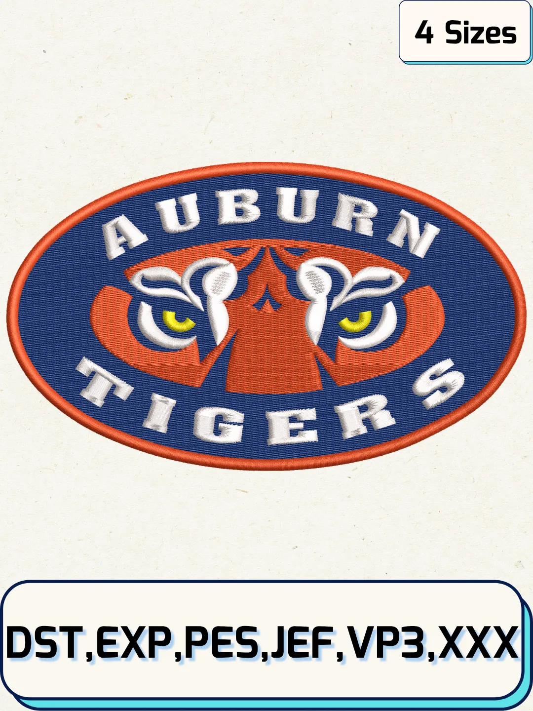 Auburn Tigers Secondary Logo Embroidery Design Files, NCAA Logos Embroidery Designs, Machine Embroidery Files, 4 Sizes