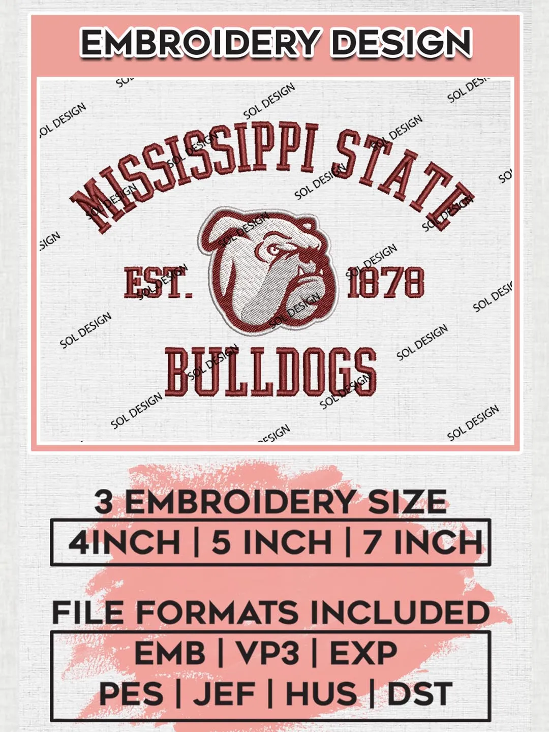 Mississippi State Bulldogs Est 1878 Logo Embroidery Designs, NCAA Mississippi State Bulldogs Team Embroidery, NCAA Team Logo, 3 sizes, Machine embroidery Files, Digital Download
