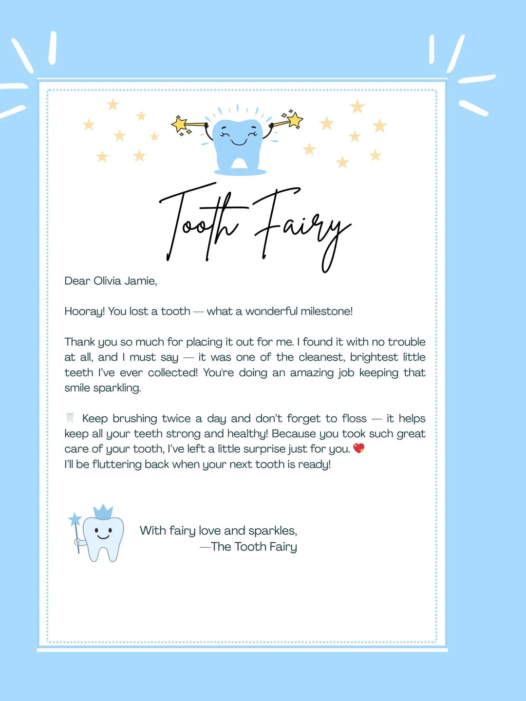 Tooth Note Paper Personalised Tooth Fairy Letter Template – Custom Name & Lost Tooth Note