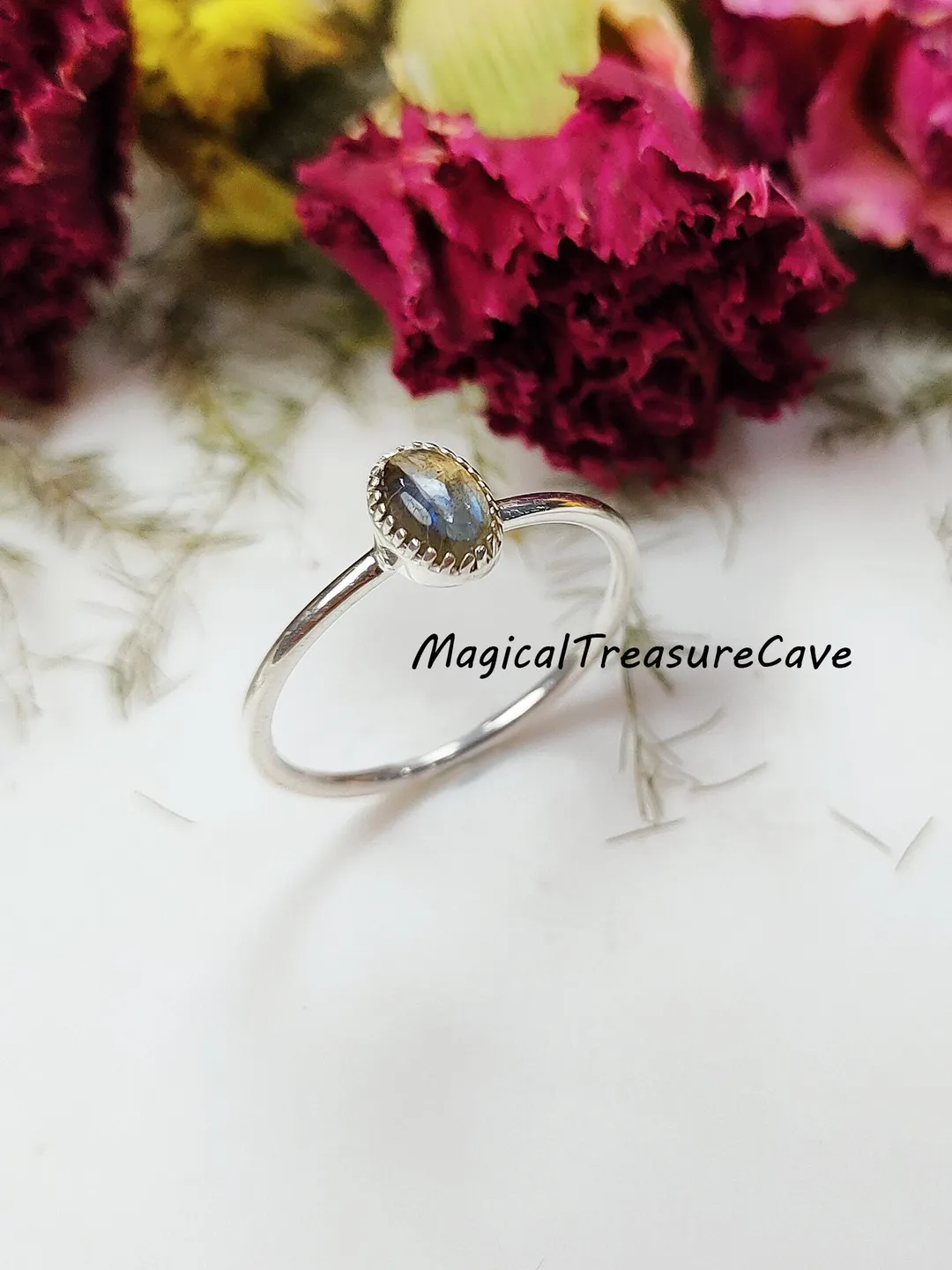 Labradorite Stacking Ring, Natural Blue Flash Labradorite Silver Ring ...