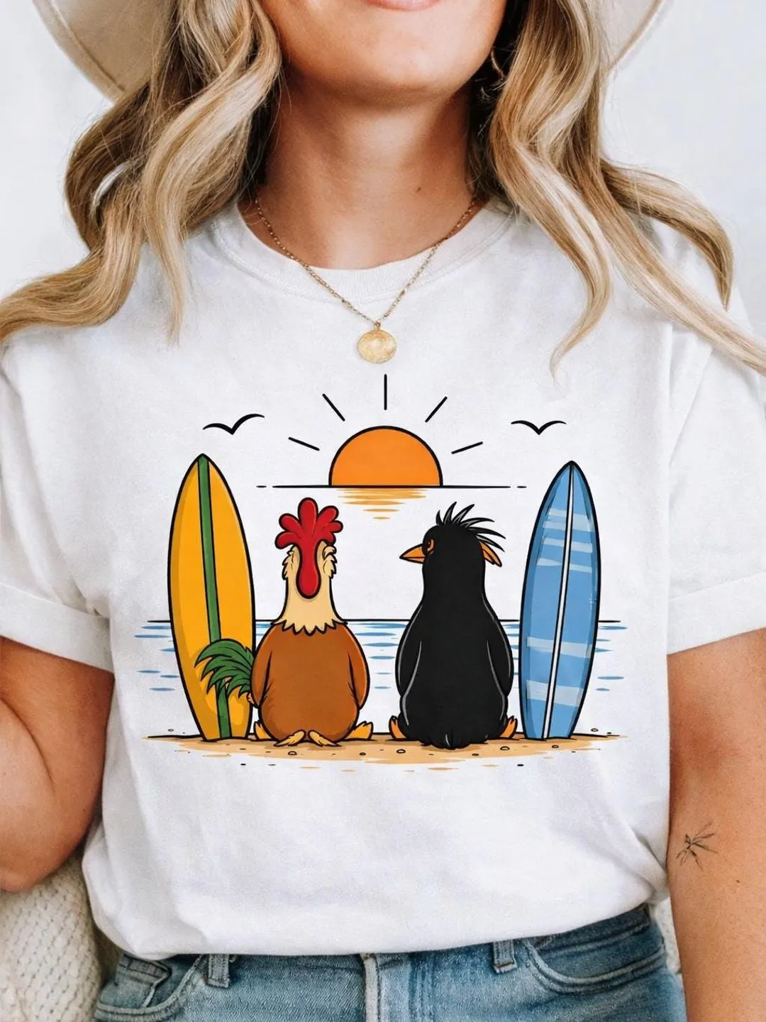 Chicken Penguin Surfing Beach Sunset Tee, Summer Animal Surf Shirt