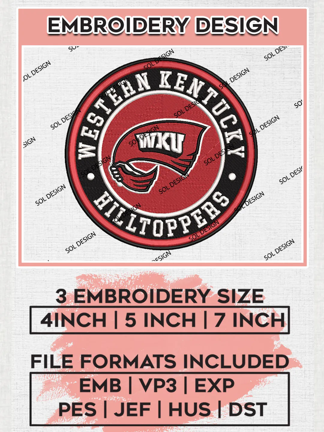 NCAA Western Kentucky Hilltoppers Round Logo Embroidery, NCAA Western Kentucky Logo Embroidery files, NCAA Teams, Machine embroidery designs, Digital Download