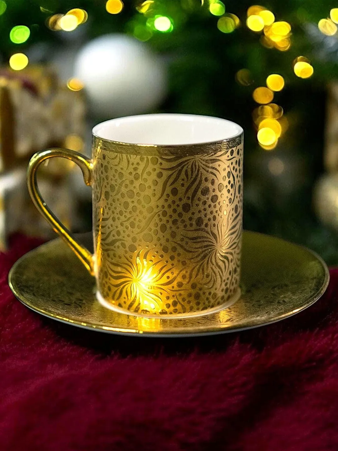 Gold Colour Porcelain Tea Cups and Saucers | Tea Cups Saucers Set | Porcelain Set | Elegant Teaware | Gift For Tea Lovers, Gift For Her