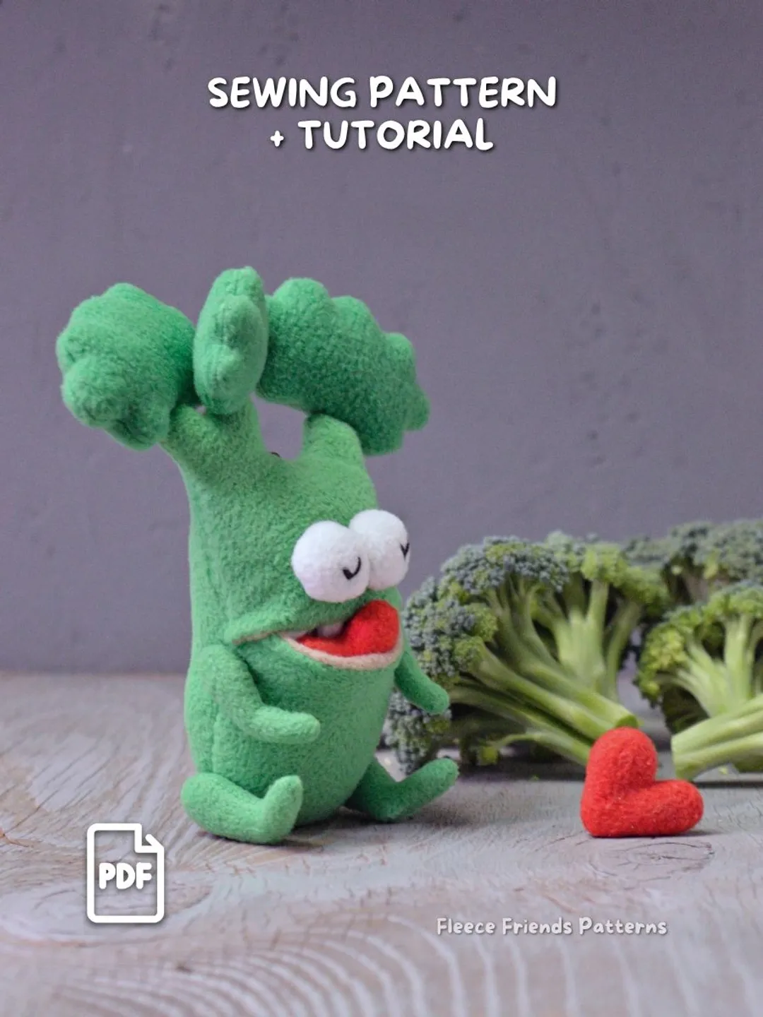 Broccoli Monster Plush Sewing Pattern PDF with Secret Mouth Pocket. Veggie Toy DIY