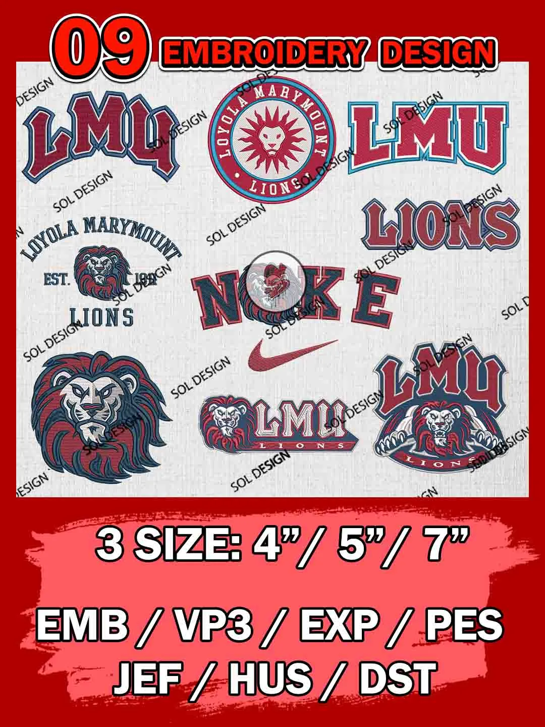 9 NCAA Loyola Marymount Lions Bundle Embroidery Files, NCAA Loyola Marymount Lions Team Bundle Embroidery Designs, NCAA Teams, National College Football Team 3 sizes, NCAA Loyola Marymount Machine Embroidery, Digital Download