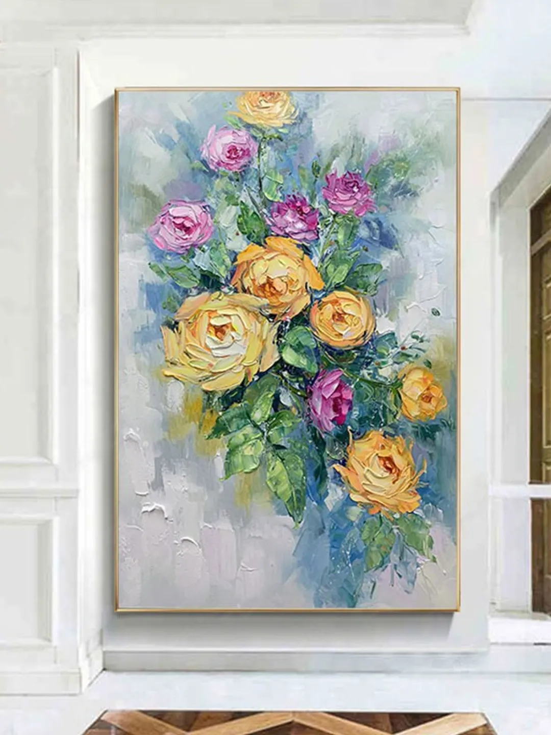 Original Rose Oil Painting On Canvas, Abstract Yellow Peony Flower Painting, Large Wall Art, Living Room Wall Decor, Custom Acrylic Painting