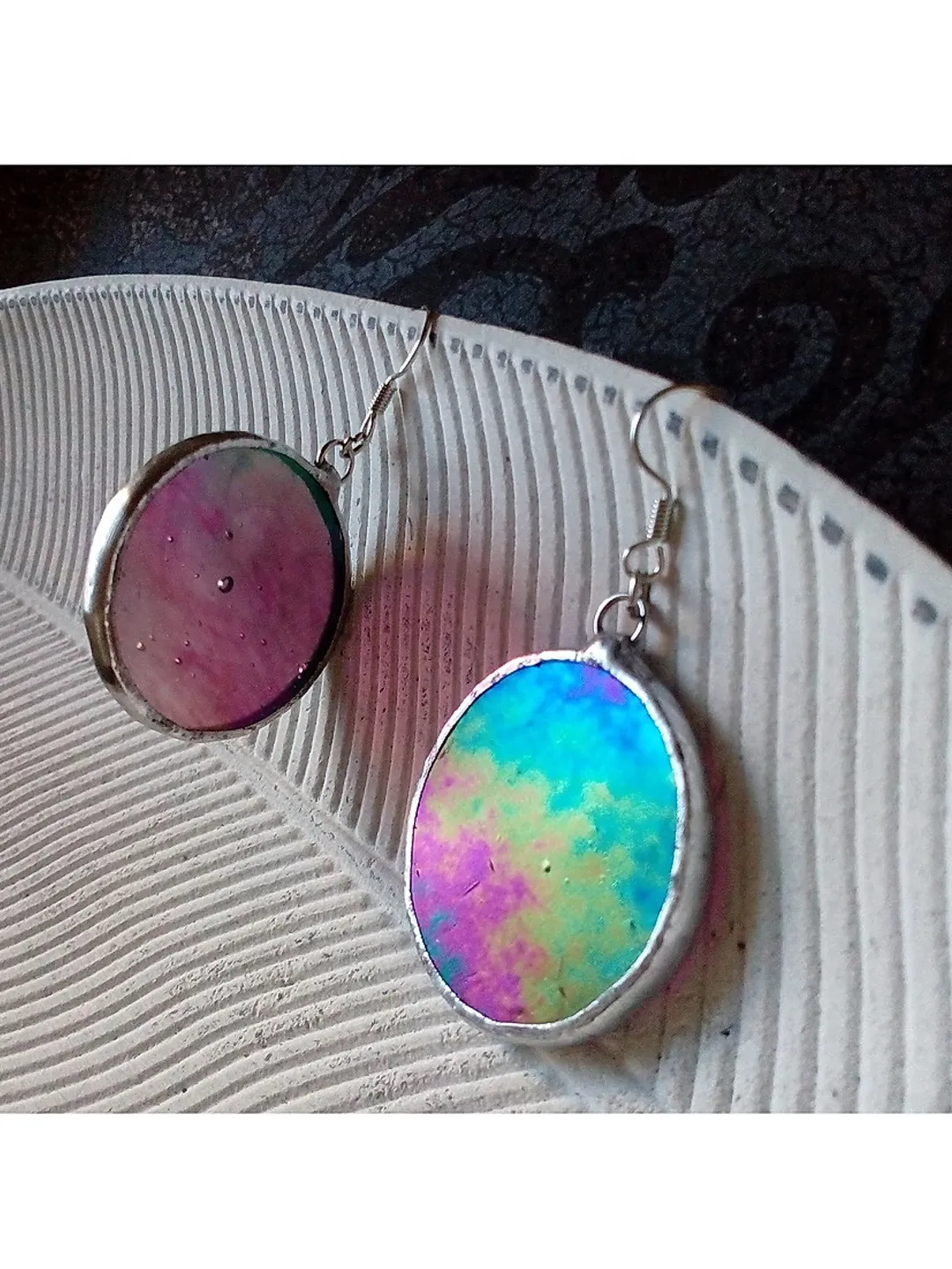 Iridescent stained glass Dichroic earrings, Duochrome Round simple stainglass