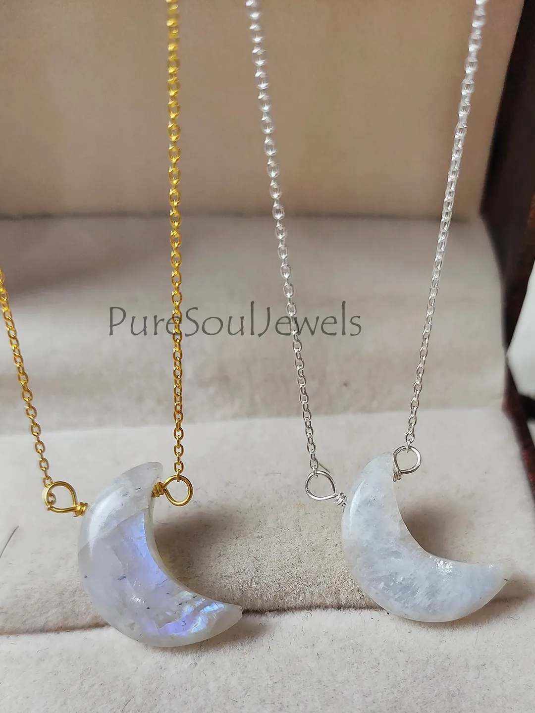 Rainbow Moonstone Crescent Moon Necklace, 925 Sterling Silver, Boho Hippie Choker