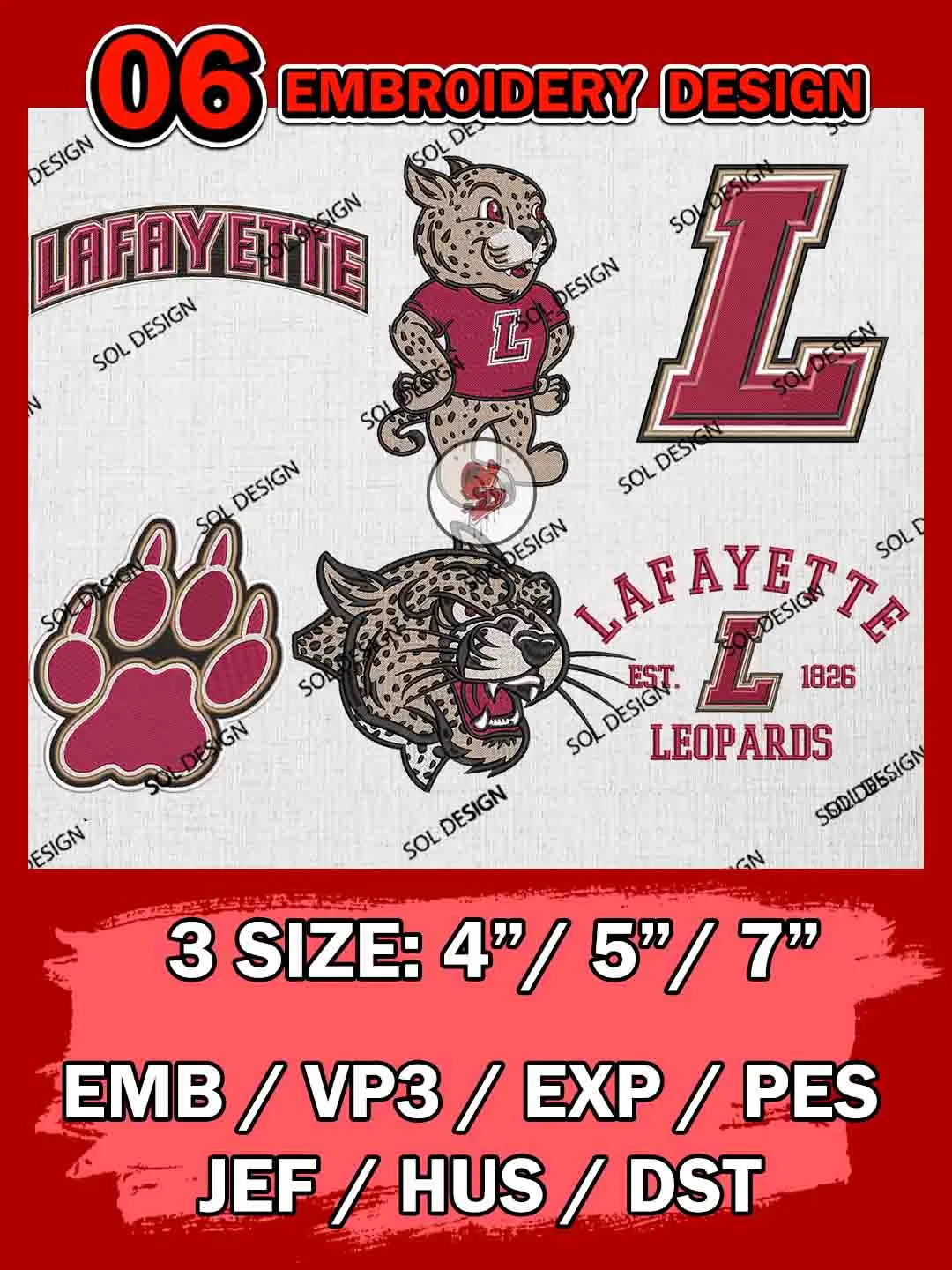 6 NCAA Lafayette Leopards Bundle Embroidery Files, NCAA Lafayette Leopards Team Bundle Embroidery Designs, NCAA Teams, National College Football Team 3 sizes, NCAA Lafayette Machine Embroidery, Digital Download