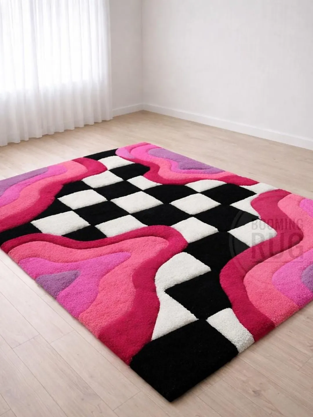 Wavy Checker Pattern Rug Geometric Wool Area Rug | Green Rust Wavy Checkerboard Design