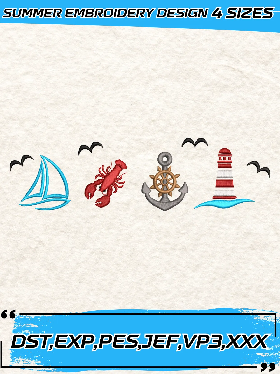 Nautical Summer Embroidery Design,Summer Embroidery Design,Machine Embroidery Design File,4 Sizes, Digital Download_SUM06