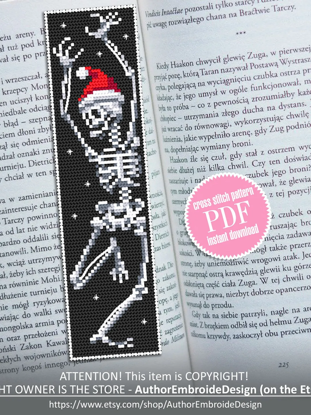 Gothic bookmark cross stitch pattern download PDF, Dancing skeleton cross stitch, Christmas skeleton embroidery PDF, Handmade bookmark #B96