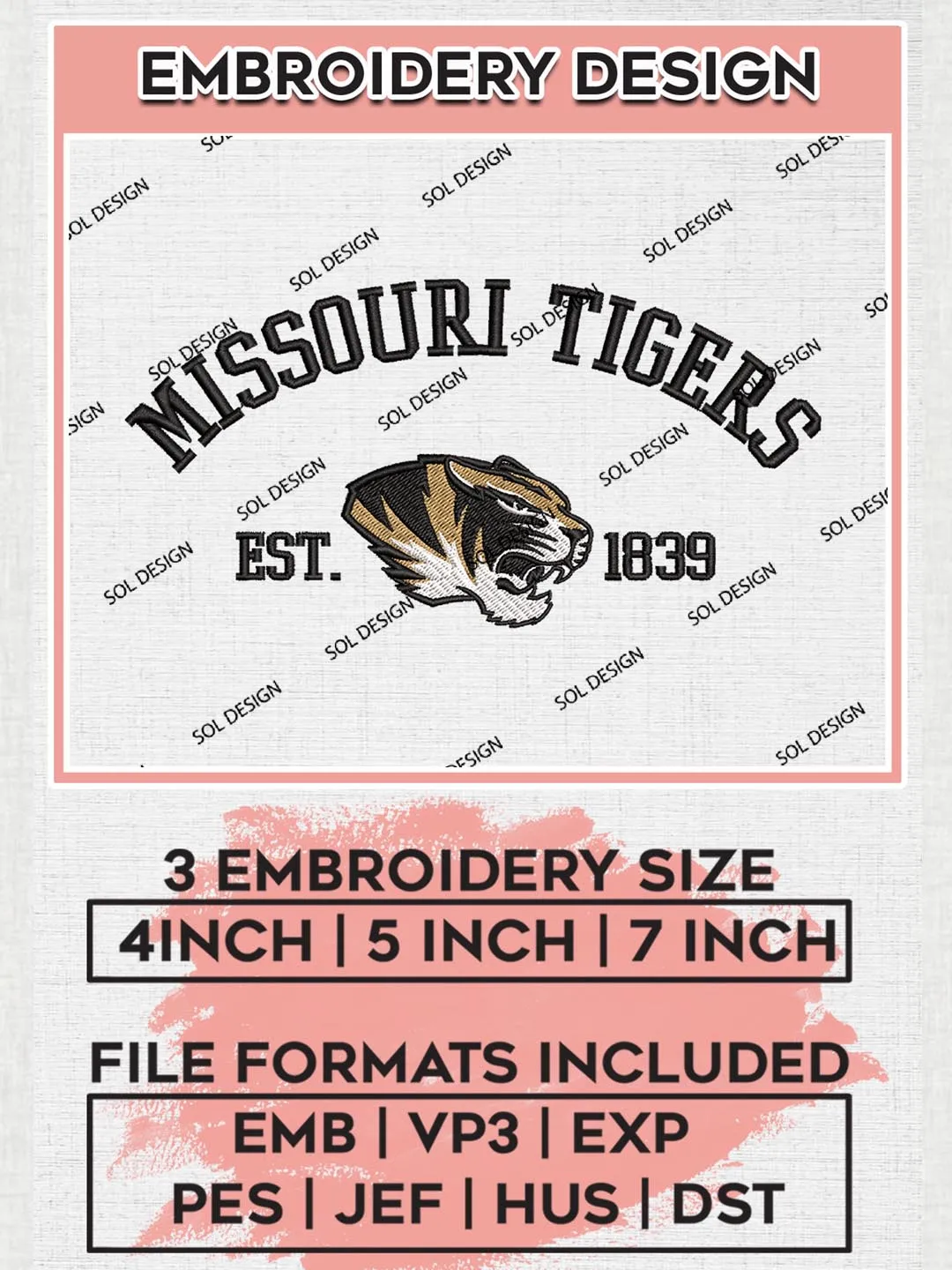 Missouri Tigers Est 1839 Logo Embroidery Designs, NCAA Missouri Tigers Team Embroidery, NCAA Team Logo, 3 sizes, Machine embroidery Files, Digital Download