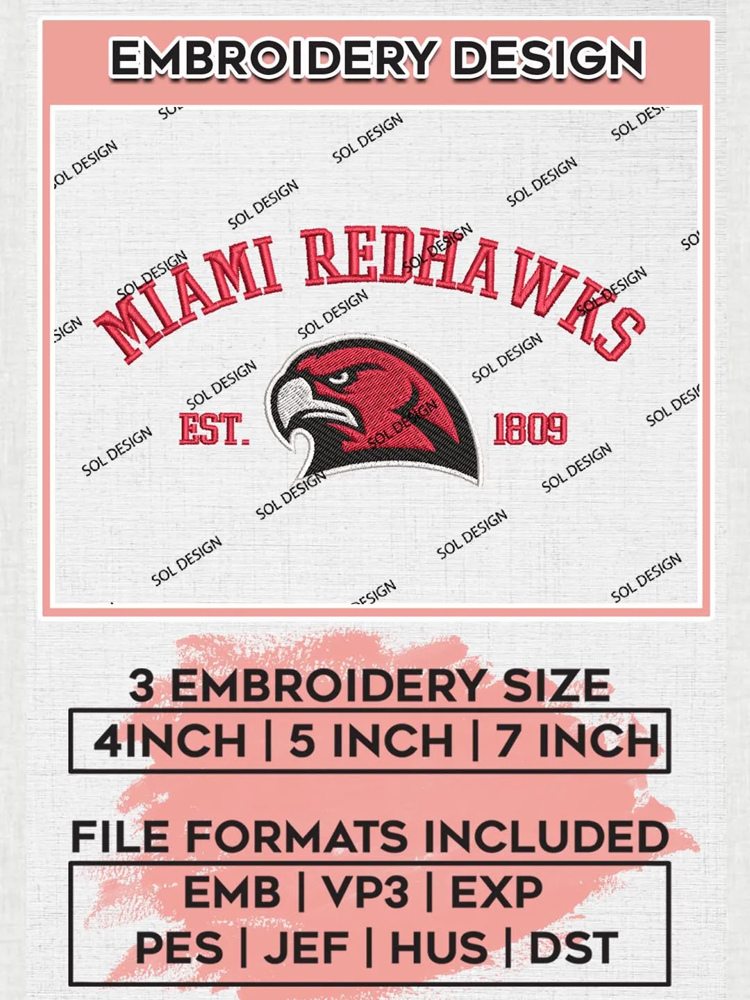 Miami RedHawks Est 1809 Logo Embroidery Designs, NCAA Miami RedHawks Team Embroidery, NCAA Team Logo, 3 sizes, Machine embroidery Files, Digital Download