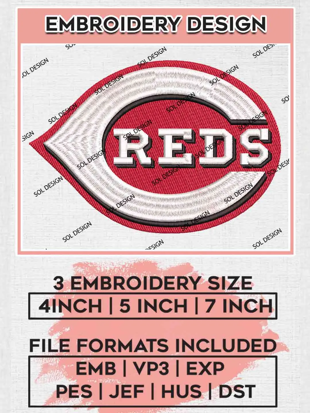 MLB Reds Logo Embroidery Files, MLB Cincinnati Reds Team Embroidery, MLB Teams, 3 sizes, MLB Reds Machine embroidery designs, Digital Download