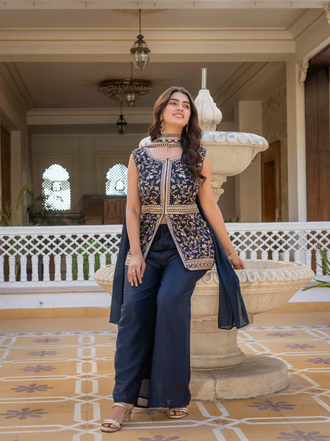 Women Embroidered Georgette Kurta Set with Palazzo and Dupatta Indian Party Wear Salwar Suit Wedding Outfit Ready to Wear