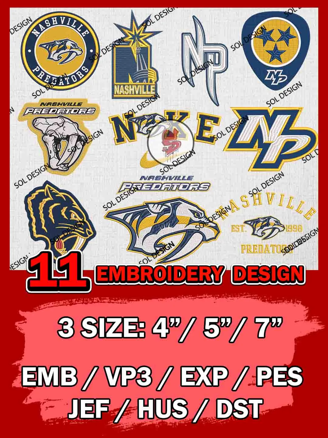 NHL Nashville Predators Bundle Embroidery Files, NHL Nashville Predators Team Bundle Embroidery Designs, NHL Teams, National Hockey League 3 sizes, NHL Predators Hockey Machine embroidery designs, Digital Download