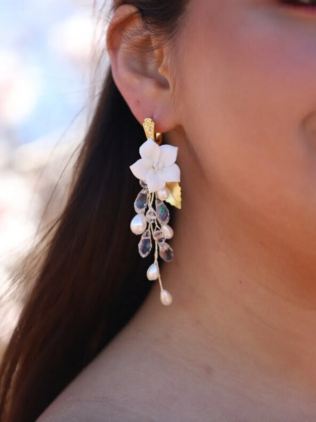 Gold Long Boho Wedding Earrings, Delicate Porcelain Flower Wedding Earrings, Floral Chandelier Bridal Earrings, Statement Wedding Jewelry