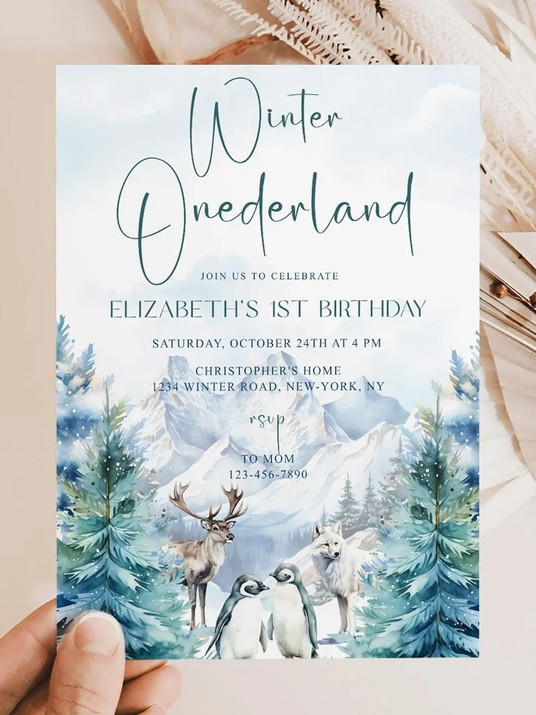 Winter Onederland Invitation | Wonderland Boy Girl First 1st Birthday Party Invite | Deer Arctic Animals Woodland Forest - I124