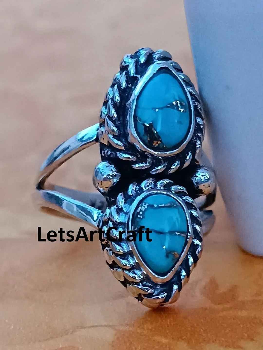 Handmade Turquoise Ring: 925 Sterling Silver Boho Statement Ring