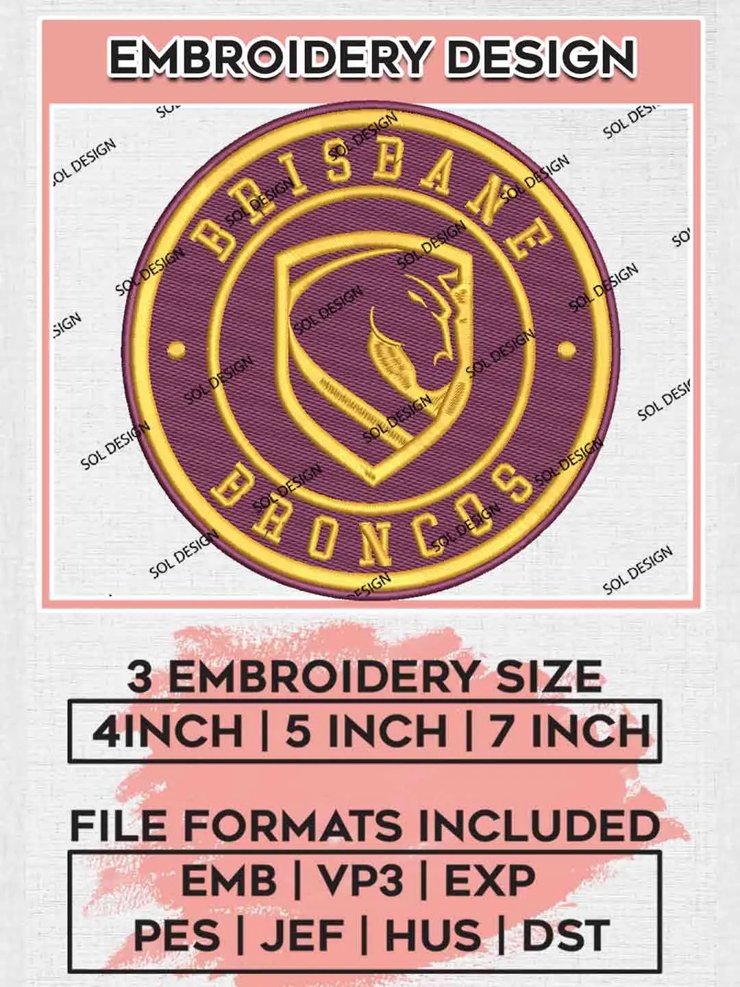 NRL Brisbane Broncos Circle Logos Embroidery Design, National Rugby League Logo, NRL Embroidery Design, NRL Machine Embroidery Digitized Pes File,3 Sizes, Instant Download