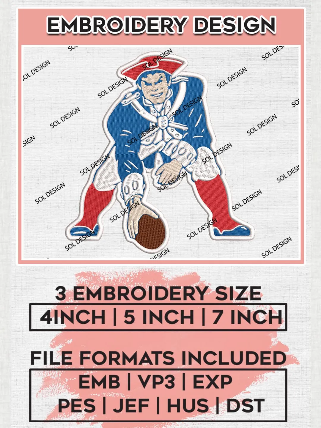 New England Patriots Mascot Embroidery Design Files, NFL Patriots, NFL Logo Embroidery Files, NFL New England Patriots Machine Embroidery Design, Digital Download