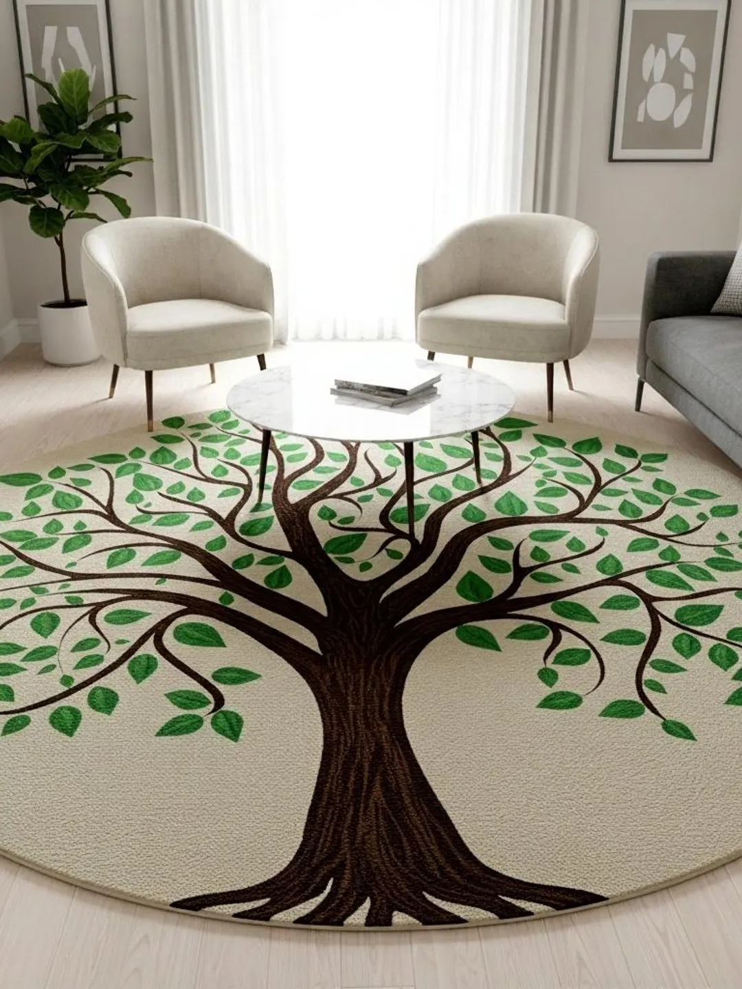 Round Tree of Life Rug, Tufted Wool Green Leaf Boho Area Carpet